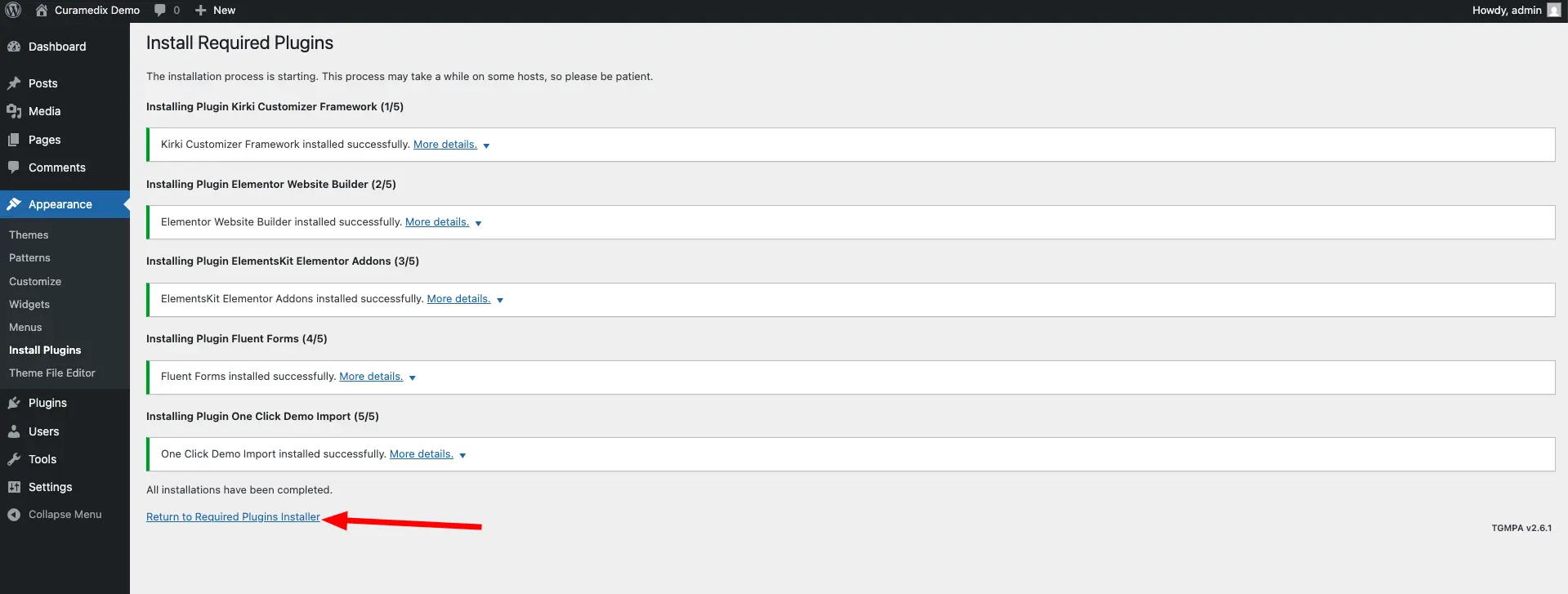 Screenshot of curawell theme installation